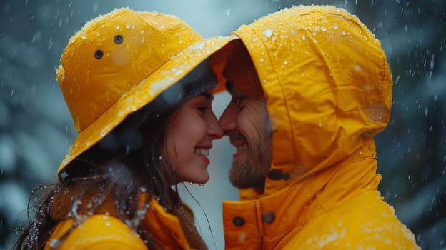 A man and woman in yellow rain coats kissing each other