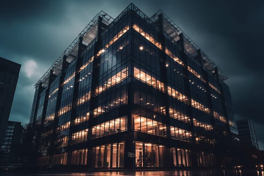 Modern building at dusk with illuminated windows under cloudy sky