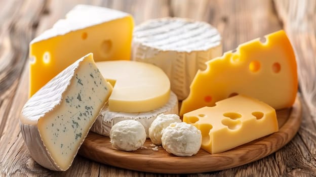 A wooden plate with different types of cheese on it