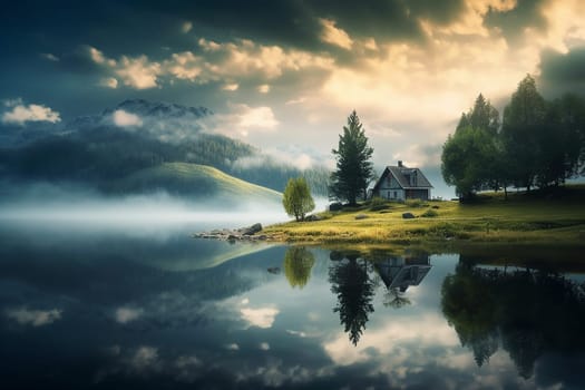 Idyllic landscape of a house by a misty lake with mountains in the background.