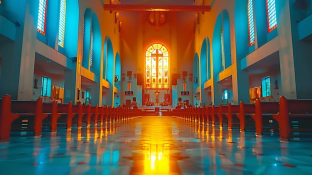 A church with a stained glass window and benches in the middle