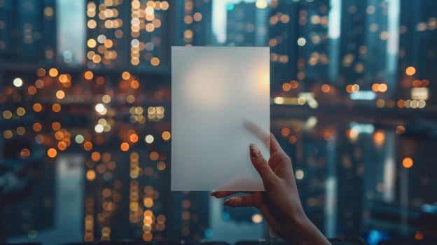 A person holding up a blank piece of paper in front of city lights