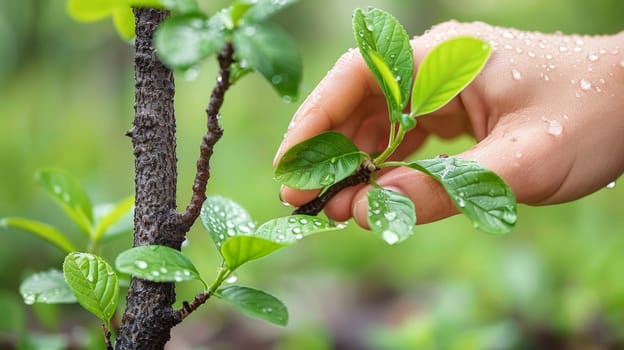 A hand reaching out to touch a green plant with water droplets