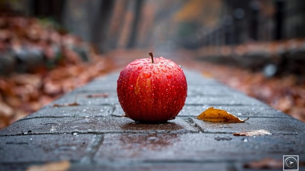 A red apple sitting on a brick walkway with leaves