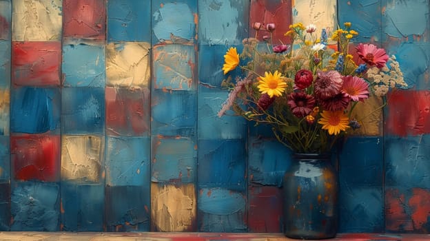 A vase of a blue and yellow painted wall with flowers in it