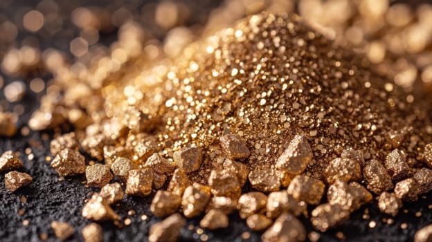 A pile of gold nuggets on a black surface