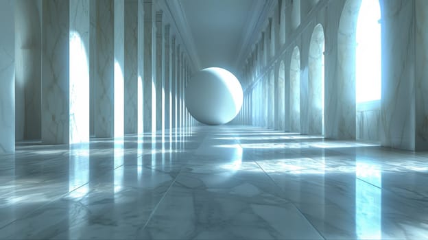 A long hallway with white marble walls and windows