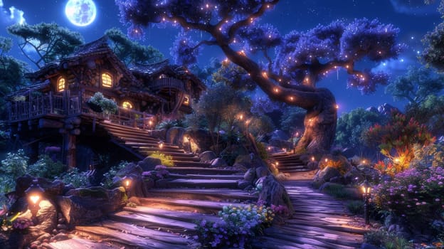 A beautiful scene of a fairy tale house with stairs and lights