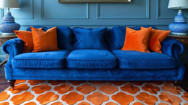 A blue couch with orange pillows and a lamp on top of it