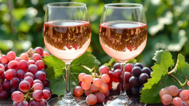 Two glasses of wine with grapes and leaves in the background