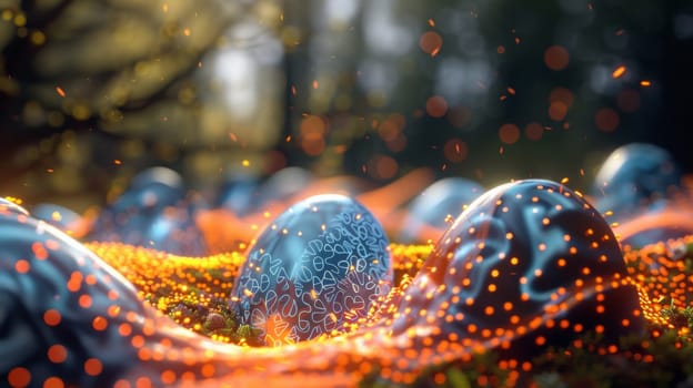 A bunch of eggs with dots on them are laying in a field