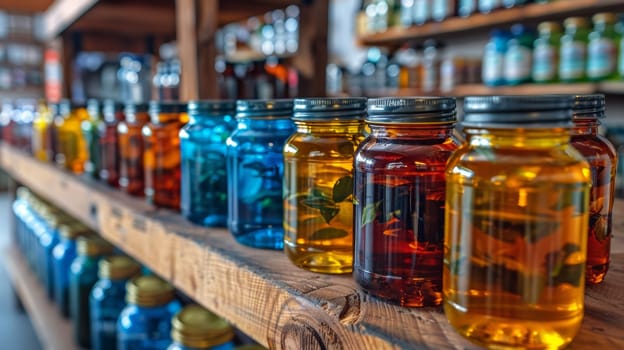 A row of jars filled with different colored liquids on a shelf