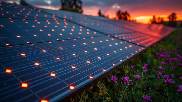 A row of solar panels with lights on them in the sunset
