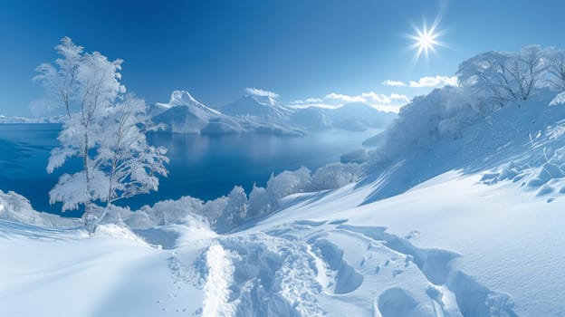 A view of a snow covered mountain with trees and water