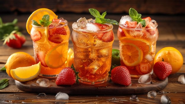 Three glasses of drinks with ice and fruit on a wooden board