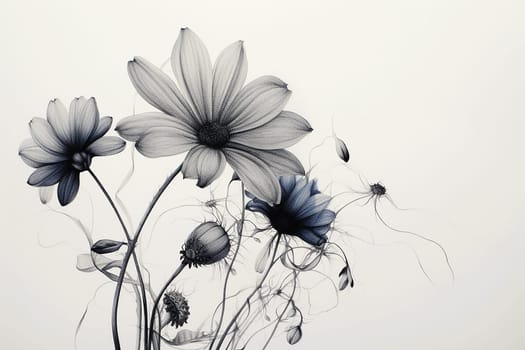 Elegant monochrome illustration of translucent flowers with delicate details.