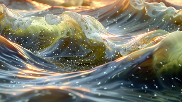 A close up of a wave with bubbles and water