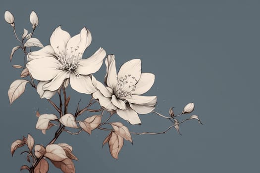 Monochrome illustration of blooming flowers against a plain background