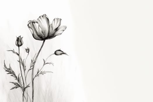 Pencil drawing of a blooming flower with buds.