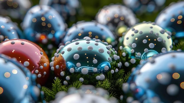 A bunch of shiny balls are sitting on top of a green field