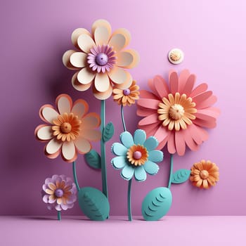 Stylized paper flowers in various colors on a purple background