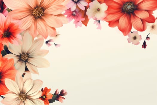 Assorted flowers arranged in a curved pattern on a light background
