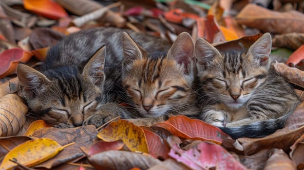 Three kittens sleeping in a pile of leaves on the ground