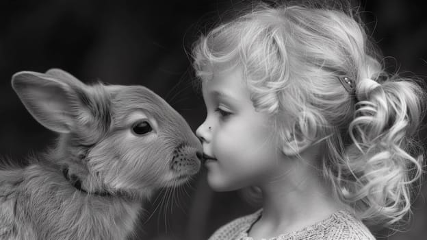 A little girl is kissing a rabbit on the nose