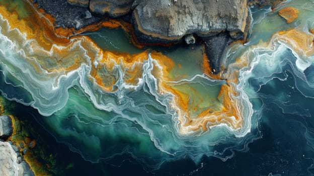 A close up of a body of water with orange and yellow streaks