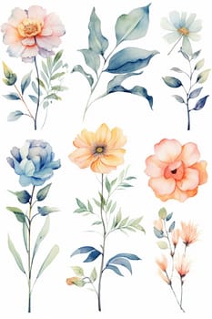 A collection of watercolor flowers and leaves in soft colors.
