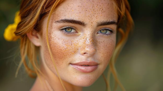 A woman with freckles and a flower in her hair
