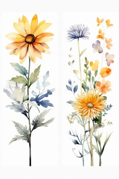 Two watercolor paintings of colorful flowers with foliage.