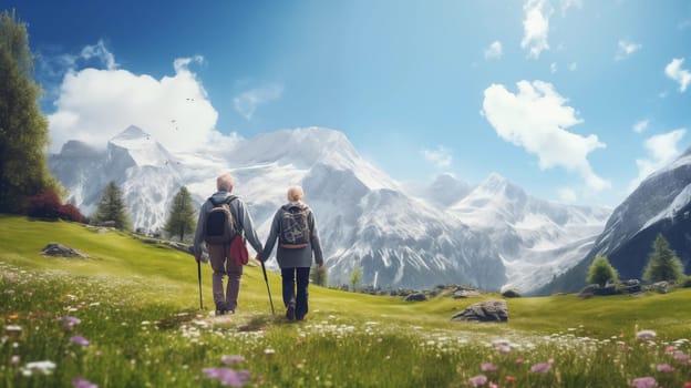 senior couple hiking high in the mountains, generative ai. High quality photo