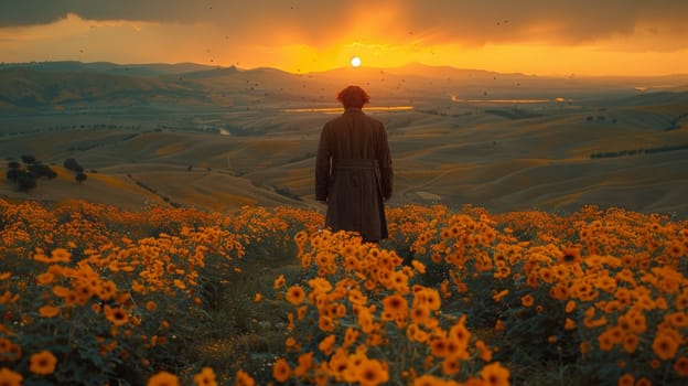 A man standing in a field of flowers with the sun setting behind him