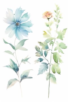 Two watercolor painted flowers, one blue and one peach, with delicate leaves.