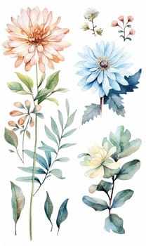 Watercolor illustrations of assorted flowers and foliage