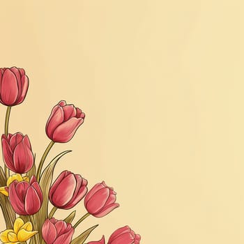 Illustration of red tulips on a yellow background.