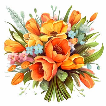 Illustration of a vibrant bouquet with various flowers and foliage.