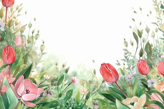 A floral watercolor background featuring tulips and various flowers.