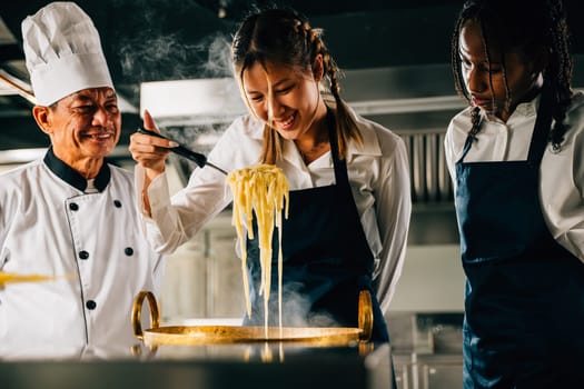 In kitchen chef teaches students. Schoolgirls craft ramen. Kids and teacher at stove. Smiling portrait of learning is modern education. Making dinner with ladle is joyful. Foor Education Concept