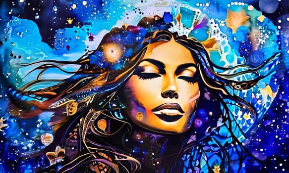 Mystical painting of woman with flowing blue hair, standing gracefully under serene moonlit sky. For visual element in design project, printed on various merchandise like notebook, postcards, wall art