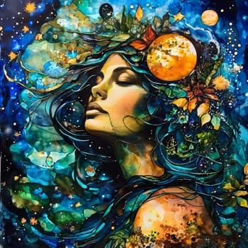 Mesmerizing watercolor painting capturing delicate features of womans face, showcasing blend of soft hues, intricate details. For floral design showcases, decorative piece in botanical themed space