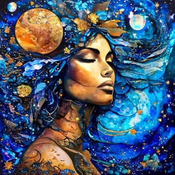 Mystical painting of woman with flowing blue hair, standing gracefully under serene moonlit sky. For visual element in design project, printed on various merchandise like notebook, postcards, wall art