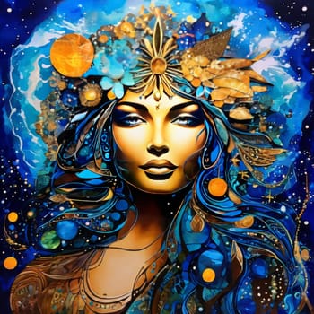 Captivating painting of woman with flowing long hair, striking blue eyes. For online art platforms, interior design inspirations, even in promotional materials for floral arrangements, beauty products