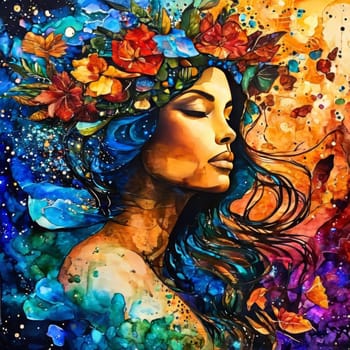 Captivating painting of woman adorned with crown of vibrant flowers. For social media platforms, art magazines, or even as decorative piece in room or office setting, interior design inspirations