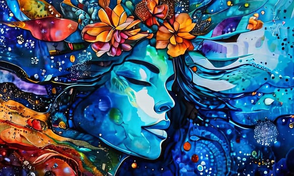 Captivating painting depicting woman adorned with crown of colorful flowers. For visual element in design projects, printed on various merchandise like notebooks, postcards, wall art, interior design