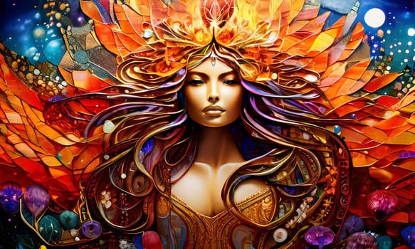 Captivating painting of woman with flowing long hair, striking blue eyes. For online art platforms, interior design inspirations, even in promotional materials for floral arrangements, beauty products
