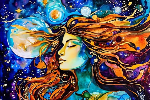 Captivating painting of woman adorned with delicate flowers on her face, blending nature, beauty seamlessly. For social media platforms, art magazines, even as decorative piece in room, office setting
