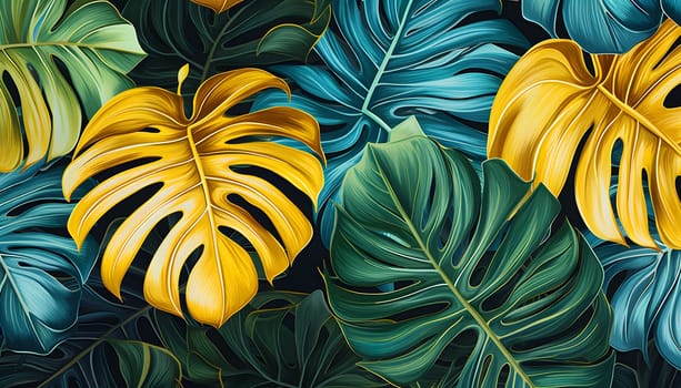 A detailed painting featuring bright yellow and green tropical leaves set against a stark black backdrop.