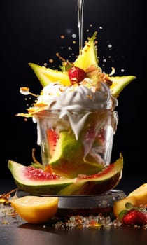 Dessert of ice cream with star shaped carambola garnish is made of crushed almonds, orange slices. For summer dessert, unique culinary presentation, digital restaurant menus, food delivery apps